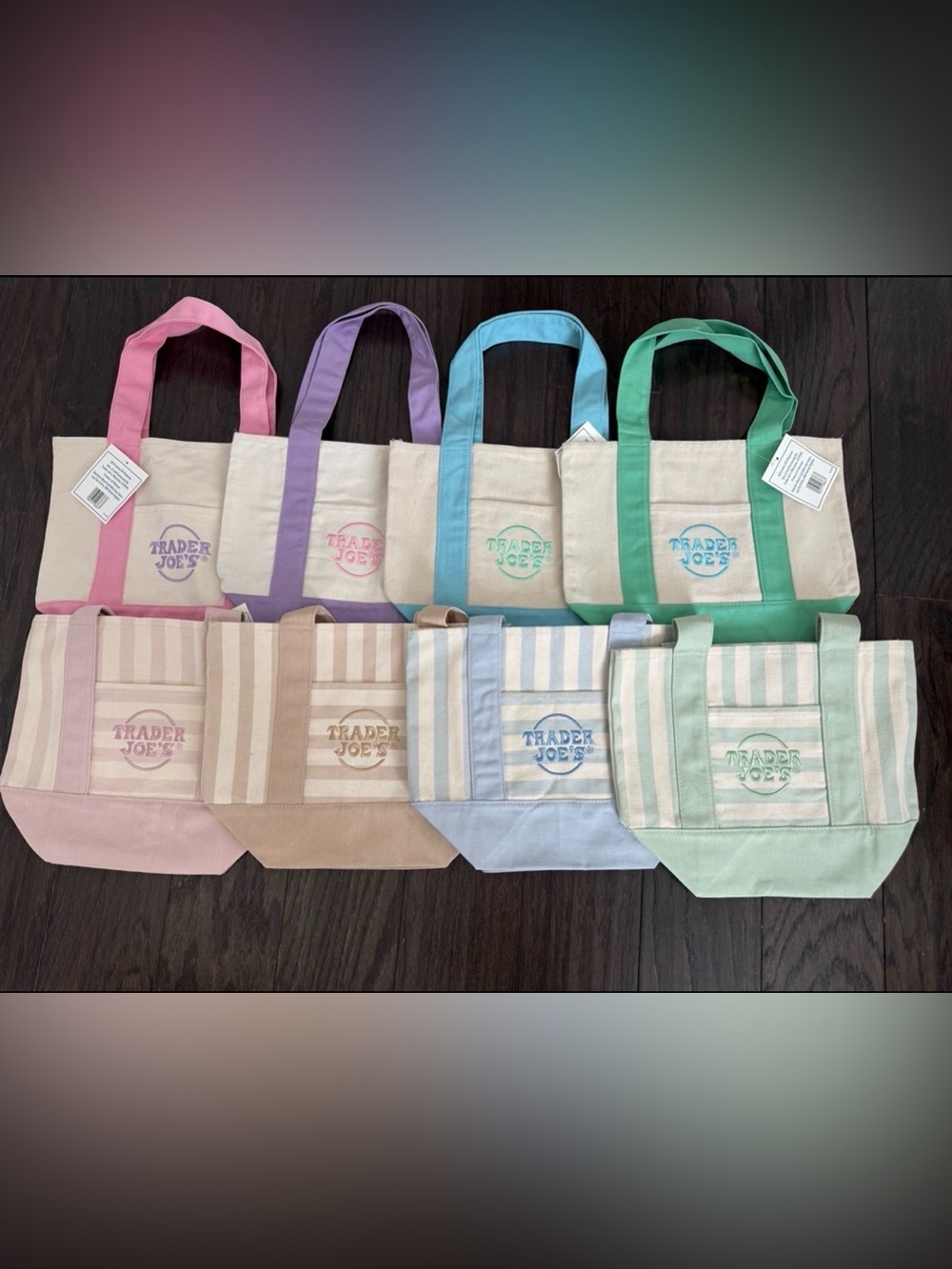 2 Set of trader Joe mini totes brand new with tags. Pastel and Stripes
